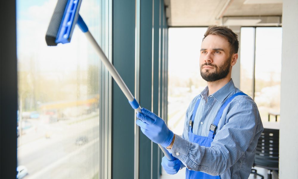 Bărbat curăță geamuri cu mop, interior birou